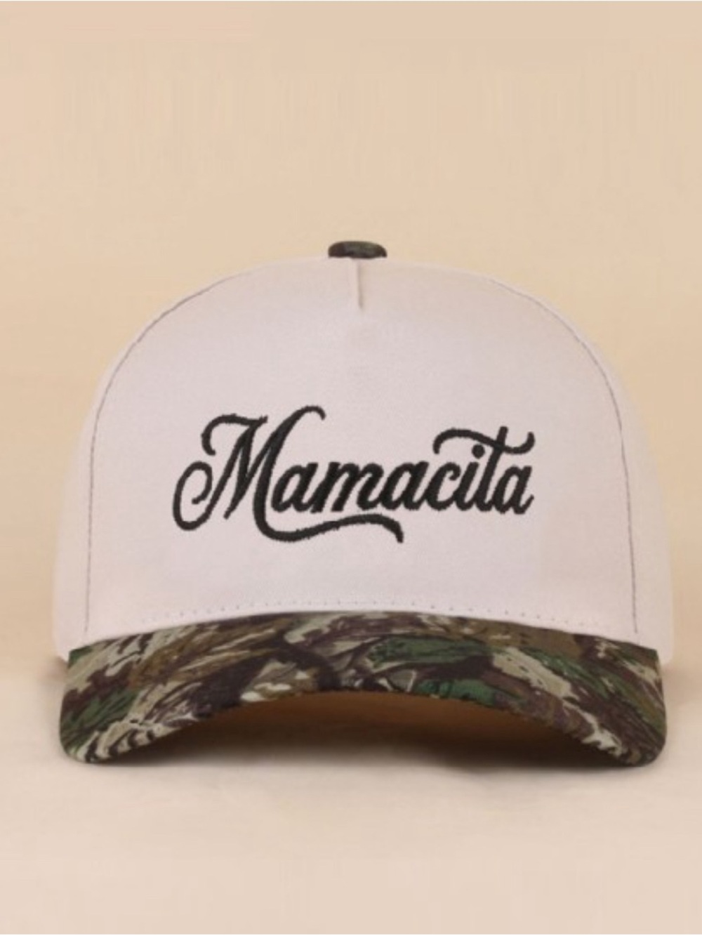 Zenana Outfitters White & Camo Mom Script Trucker Hat